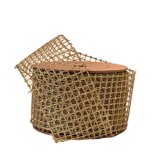 A spool of 2.5" Gold Solid Netting Ribbon (WR-10215-063-10), featuring wide, glittery mesh with a grid pattern, is partially unrolled and displayed on a white background.