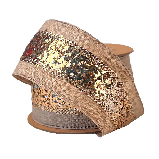 The 2.5" Natural and Bronze Metallic Striped Ribbon (WR-10228-063-10) features a wide, sparkly bronze stripe down the center of beige ribbon, adding glamour. Shown partially unrolled on a plain white background.