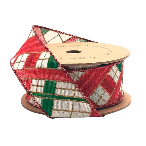 The 1.5" White and Red Faux Argyle Ribbon (WR-10169-038-10) features a decorative argyle pattern with metallic accents, neatly wound around a cardboard core.