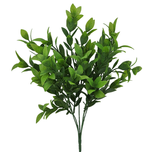 The 14 Baby Ruscus Bush with 5 Stems (Product ID: 84814) boasts lush, artificial green leaves in various sizes and shades, branching out gracefully for a vibrant, bushy look.