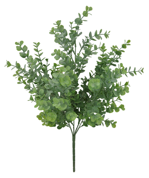 The 21 Frosted Eucalyptus Bush (84816-FROSTED) features artificial frosted green leaves on a thin stem against a plain gray backdrop, with vibrant foliage mixing rounded and elongated shapes for a natural, lush appearance.