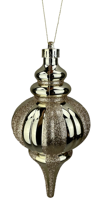 The H10xDIA4.5 Champagne Drop-Shape Ornament 84910CH features a shiny gold finish with glittery accents, a round ornate shape, and a string loop for hanging.