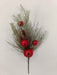 The 24" Red Needle Pine Plastic Leaf Spray 85154-RD features glittery silver pine branches, shiny red ornaments, and textured baubles—all arranged on a plain white background for a festive Christmas display.