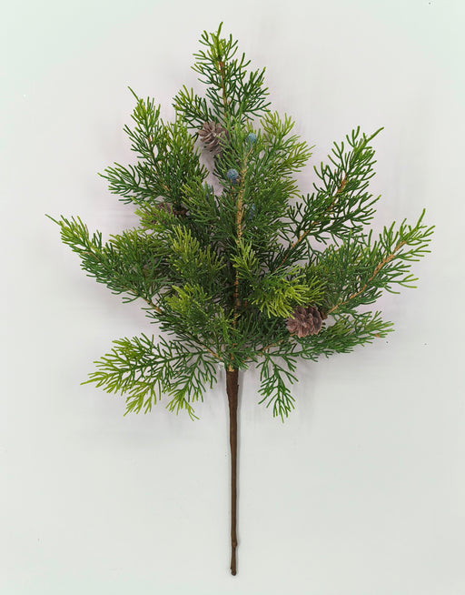 The 18" Green Cedar Spray 85199 features small pinecones and needle-like leaves, arranged against a plain white background.