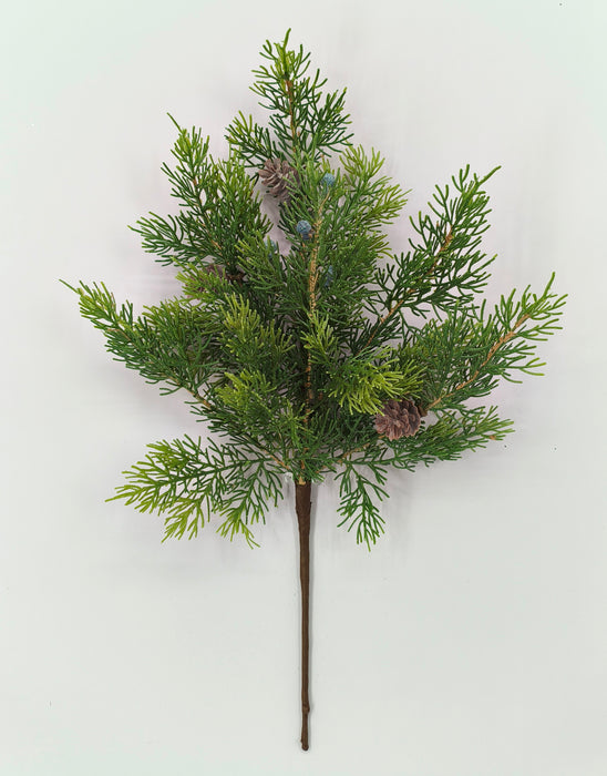 The 18" Green Cedar Spray 85199 features small pinecones and needle-like leaves, arranged against a plain white background.