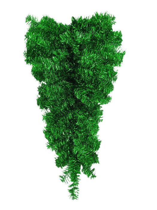A green artificial Christmas tree with dense branches stands unadorned against a plain white background, accented by the 30 Long Green Tinsel Teardrop 85222-GN for a festive touch.