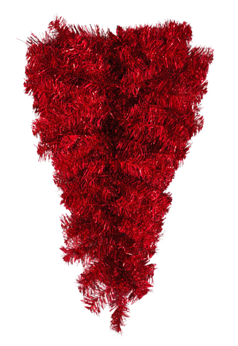 The 30 Long Red Tinsel Teardrop 85222-RD features shiny red tinsel garland in a triangle shape, resembling an upside-down Christmas tree, and stands out against a plain white background.