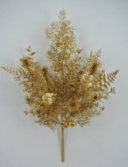 The 21" Eucalyptus Cedar Fern Spray 85260 features metallic gold artificial eucalyptus, cedar fern, and flowers in a tall, narrow arrangement, displayed against a plain white background.