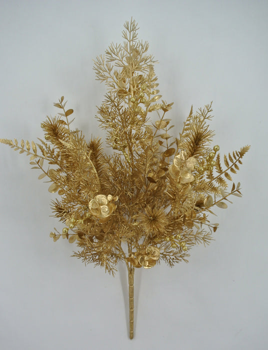 The 21" Eucalyptus Cedar Fern Spray 85260 features metallic gold artificial eucalyptus, cedar fern, and flowers in a tall, narrow arrangement, displayed against a plain white background.
