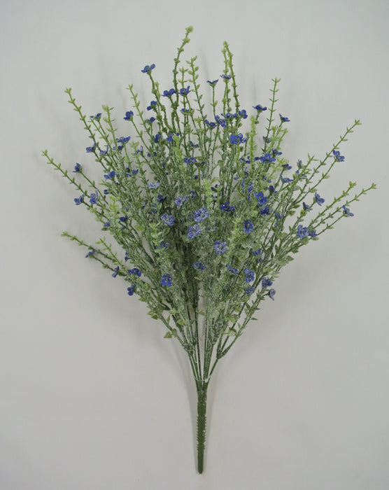 The 21" Blue Plastic Iced Flower Spray (85263-BL) features artificial green stems and small blue flowers, arranged in a fan shape against a plain white background.