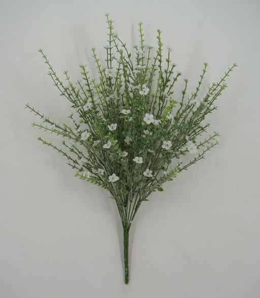 The 21 White and Green Plastic Flower with Iced Petals 85263-WT features green stems and small white flowers with iced petals, arranged in a fan shape against a plain white background.