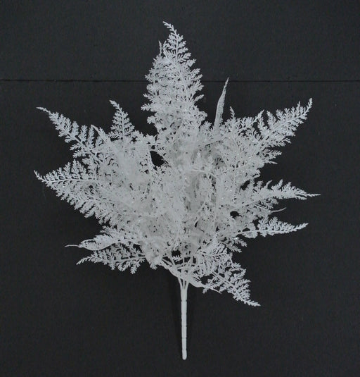 The 22 White Glittered Fern Bush Spray with 5 Stems (85268-WT) features fan-shaped, glittered leaves that stand out against a plain black background.
