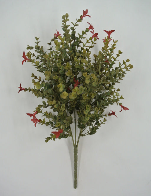 The 19 Red Mini Eucalyptus Plastic Spray 85272-RD features artificial green eucalyptus leaves and small red flowers, arranged in a fan shape, displayed against a plain white background.