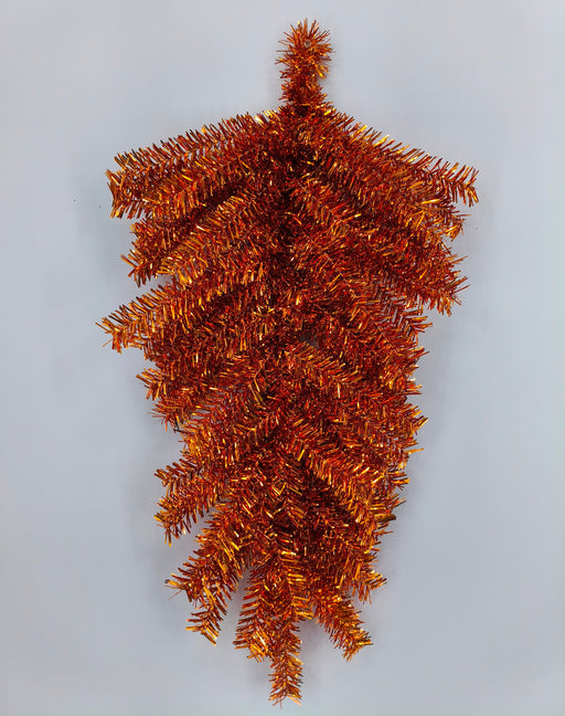 The 24 Orange Halloween Teardrop 85424-OR features bright orange tinsel garland, styled like a fir tree with fanned branches, displayed against a plain light gray background.