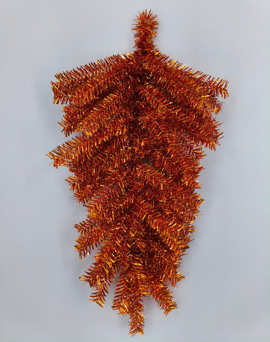 The 24 Orange Halloween Teardrop 85424-OR features bright orange tinsel garland, styled like a fir tree with fanned branches, displayed against a plain light gray background.