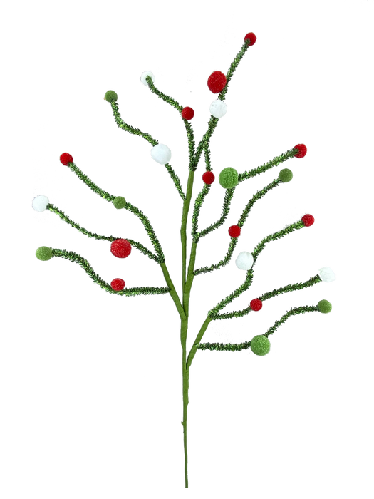 31" Red White and Green Felt Ball Twig Spray with 12 Stems 85560RWG