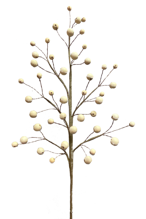 A 28" Natural Wooden Bead Spray, featuring a sparse arrangement of leaves, is adorned with small, round white berries that resemble delicate beads against a black background. The evenly distributed berries mimic natural wooden beads, imparting an elegant ornamental appearance.