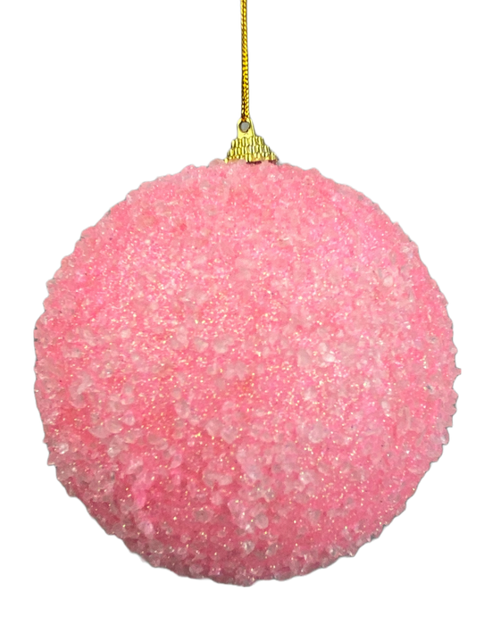 The DIA5 Pink Ball Ornament 85677PK features a sparkling, textured pink crystal design and hangs elegantly from a thin gold string.