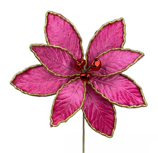 The 15" by 9" Hot Pink Velvet Poinsettia Pick (Product Code: 85739BT) showcases a decorative design with gold-edged leaves and three shiny red beads at its center, set elegantly against a plain white background to enhance any setting.