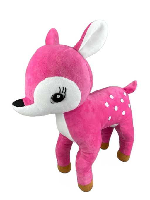 The 16" by 15" by 4" Pink Plush Deer (Product Code: 85831PK) showcases a vibrant pink color with white accents on its face and spots along its back. It features large eyes, a small nose, and stands upright with brown hooves and a short tail.