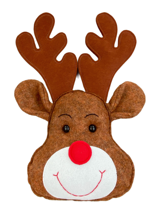 The 18" by 14" by 3" Brown Plush Reindeer Ornament (85835BN) showcases large felt antlers and ears, a red nose, black eyes, and a stitched smile reminiscent of Rudolph. This delightful plush reindeer adds a whimsical flair to any festive Christmas display.