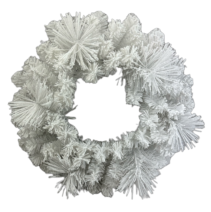 The 24" Diameter White Pine Wreath 85875WR24 features frosted, spiky branches in a circular design, offering a festive, wintry look—ideal as a striking White Christmas Wreath for your seasonal décor.