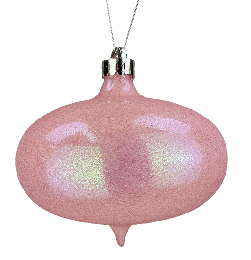 The 6 x 6 Pink Onion Ornament (85949PK) features a glittery, flattened shape with a pointed tip and silver cap, perfect for adding festive charm to your tree.
