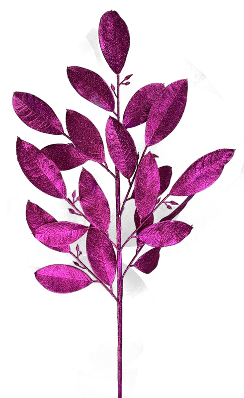 A vibrant display of the 30" Hot Pink Glitter Leaves Spray 7 Stems (86008BT) showcases glittering leaves arranged symmetrically against a plain white background, with long stems adding elegance and height to the composition.