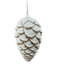The 9 x 4 White Pinecone Ornament (86014SNOW) features a snow-dusted finish and hangs by a thin string against a plain white background, creating a charming seasonal display.