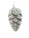 The 7 x 3 White Pinecone Ornament (86015SNOW) features artificial snow and hangs by a thin string against a plain white background.