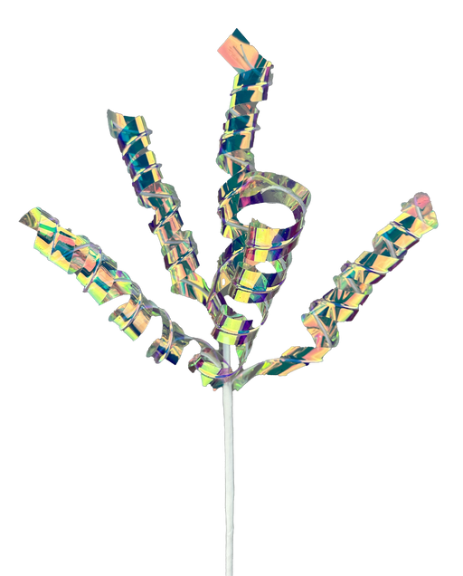 A 20-inch Frizzy Curly Spray with five stems, model number 86063IRDS, designed as a twisted iridescent ribbon sculpture resembling a flower, set against a black background.