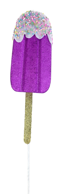 The 21" by 4" by 1.5" Purple Sprinkle Popsicle Spray (86105PU) is a glittery purple popsicle ornament that features a golden stick, and is topped with white icing and vibrant sprinkle designs for a delightful touch.