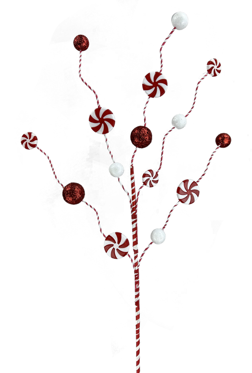 The 28 Red and White Peppermint Ball Spray with 5 Stems (86145RDWT) features red and white glittery balls and peppermint swirl ornaments for a festive decorative touch.