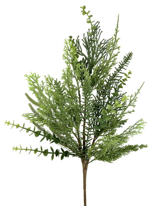 A close-up of the H28 Green Pine Mix Spray 86259SP28 displays green artificial pine, fern, and eucalyptus leaves on a brown stem, set against a plain white background.