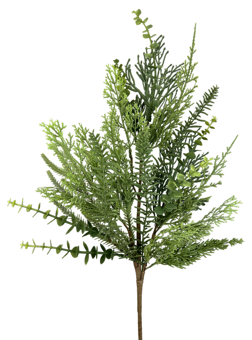 A close-up of the H28 Green Pine Mix Spray 86259SP28 displays green artificial pine, fern, and eucalyptus leaves on a brown stem, set against a plain white background.