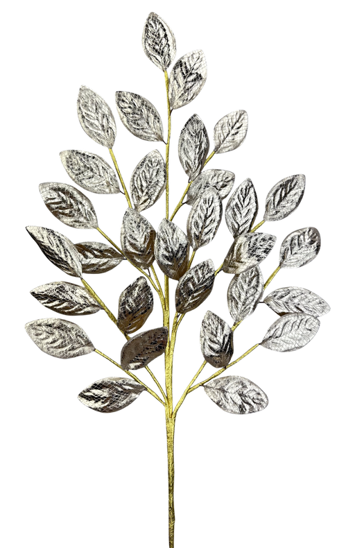 The H30 Champagne Metallic Leaves Spray 86267CH features gold branches with metallic silver leaves and bold veins, adding an elegant champagne decor accent to any plain white background.