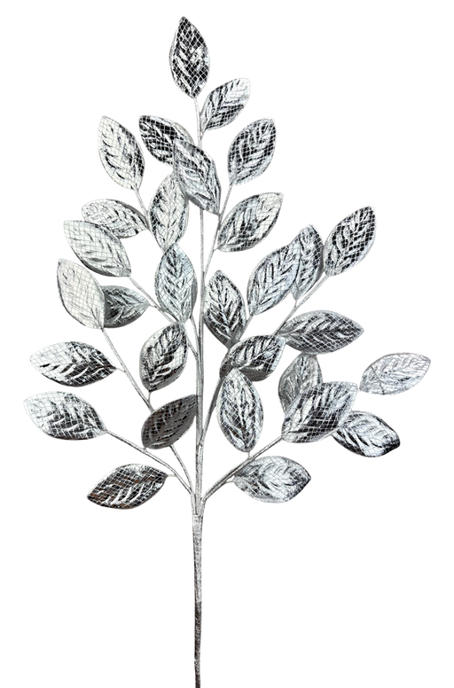 The H30 Silver Metallic Leaves Spray 86267SV showcases textured, shiny silver leaves arranged in clusters on slim stems, displayed against a plain white background.