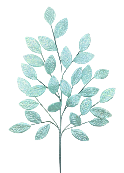 The H30 Mint Glossy Leaves Spray (86296MINT) features multiple iridescent mint blue-green leaves on slender stems, beautifully arranged for decorative use against a plain white background.
