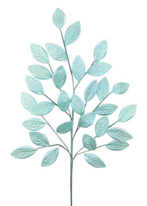 The H30 Mint Glossy Leaves Spray (86296MINT) features multiple iridescent mint blue-green leaves on slender stems, beautifully arranged for decorative use against a plain white background.