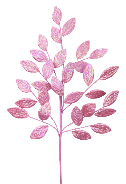 The H30 Pink Glossy Leaves Spray 86296PK features shimmery artificial pink leaves on slender pink stems, arranged against a plain white background.