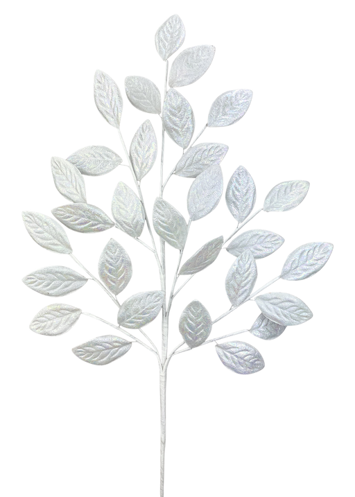The H30 White Glossy Leaves Spray 86296WT features shimmering white artificial leaves on thin stems, creating a decorative accent with a glossy finish, perfect for adding elegance to any arrangement.