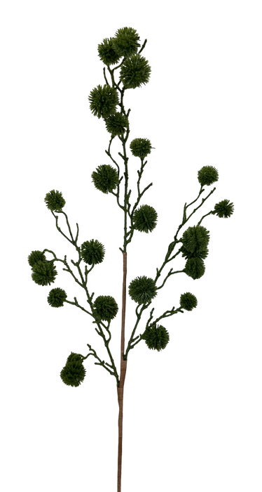 The H36 Green Pom Pom Twig Spray 86303GN features a single tall stem with thin branches, each ending in round, spiky green clusters, making it a vibrant accent when displayed against a white background.