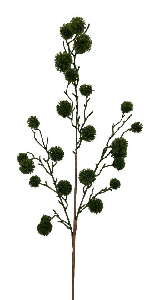 The H36 Green Pom Pom Twig Spray 86303GN features a single tall stem with thin branches, each ending in round, spiky green clusters, making it a vibrant accent when displayed against a white background.