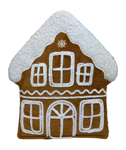 The H12xW11xD2 Brown and White Plush Gingerbread House 86364BNWT pillow features icing-like trim, windows, a door, and a snowy roof—making it perfect for festive décor.
