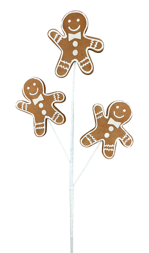 The 24H Brown Gingerbread Man Spray with 3 Stems (86452BN) features three smiling brown gingerbread men with white icing, arranged on three stems like a festive bouquet against a plain white background.