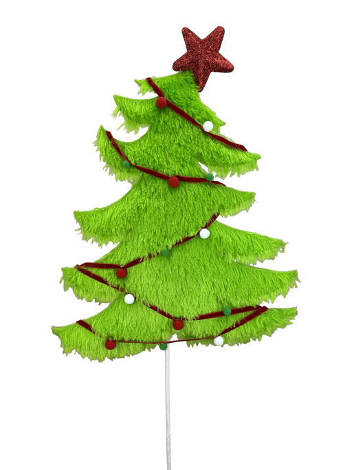 The H28xW12 Green Fury Christmas Tree Spray 86475GN features a bright green, fluffy tree with a red glittery star, red garland, and festive red, white, and green balls that pop against a white background.