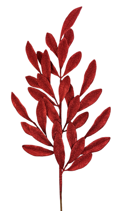The H27 Red Glitter Laurel Leaves Spray 86483RD features striking red glitter laurel leaves arranged symmetrically on thin stems, creating a decorative accent against a plain white background.