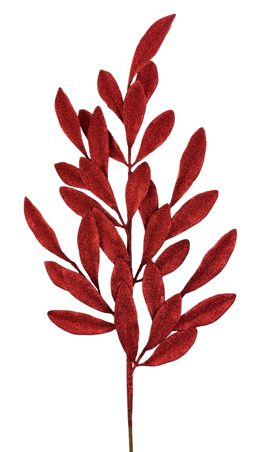 The H27 Red Glitter Laurel Leaves Spray 86483RD features striking red glitter laurel leaves arranged symmetrically on thin stems, creating a decorative accent against a plain white background.