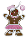 The H10xW8.5xD1.5 Brown and Pink Gingerbread Girl Ornament 86498BNPK features white icing details, a pink bow and skirt with buttons, a happy expression, holds a pink swirl lollipop, and includes a loop for easy hanging.
