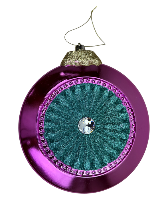 The 8 x 7.5 Pink and Midnight Glitter Metallic Flat Ornament (86542PKMI) features a shiny pink border, glittery gold top, teal textured center, clear gem accent, and hangs elegantly by a metallic string.
